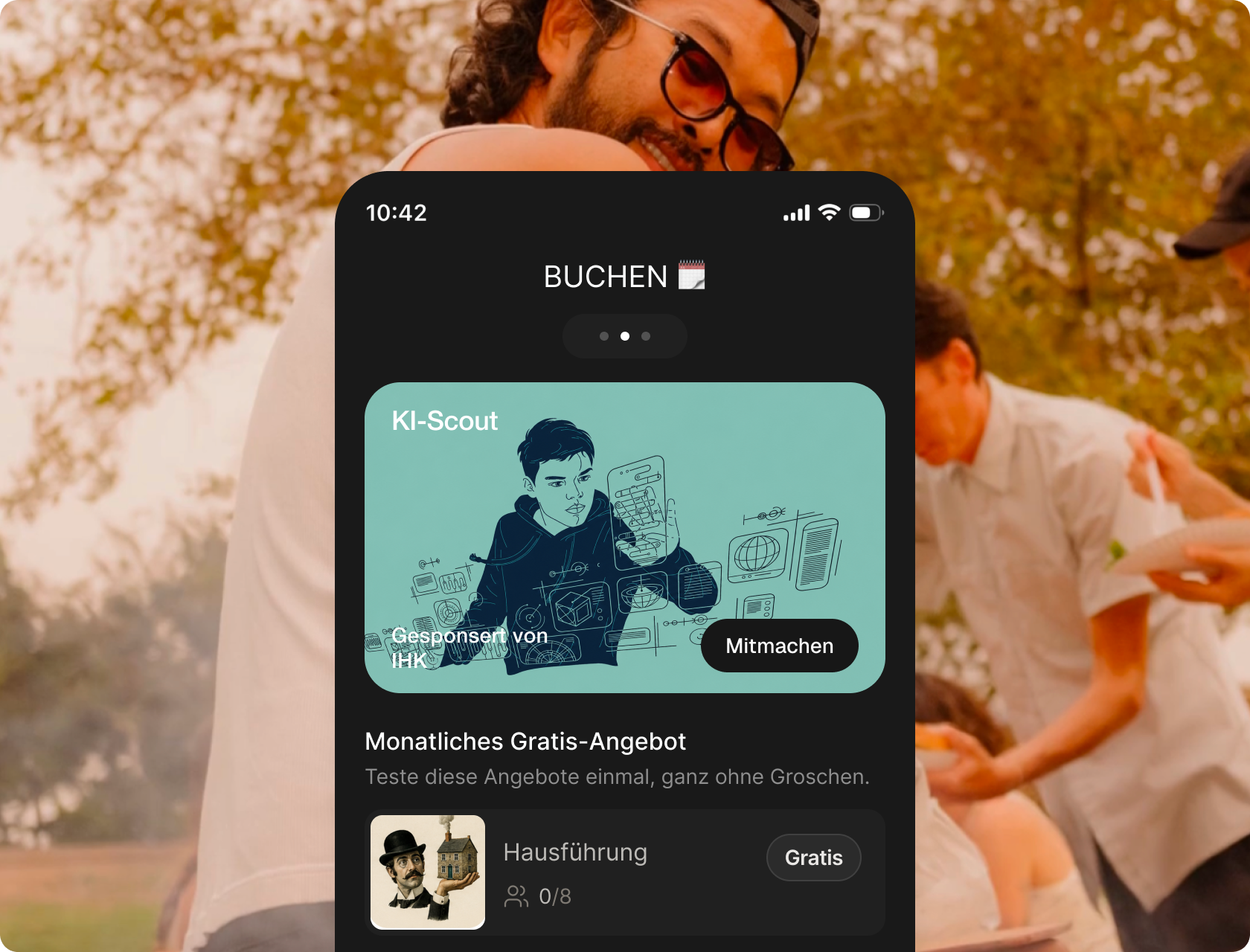 Buchungsansicht der Communits App mit Standort, Zeitraum und Abo-Übersicht.