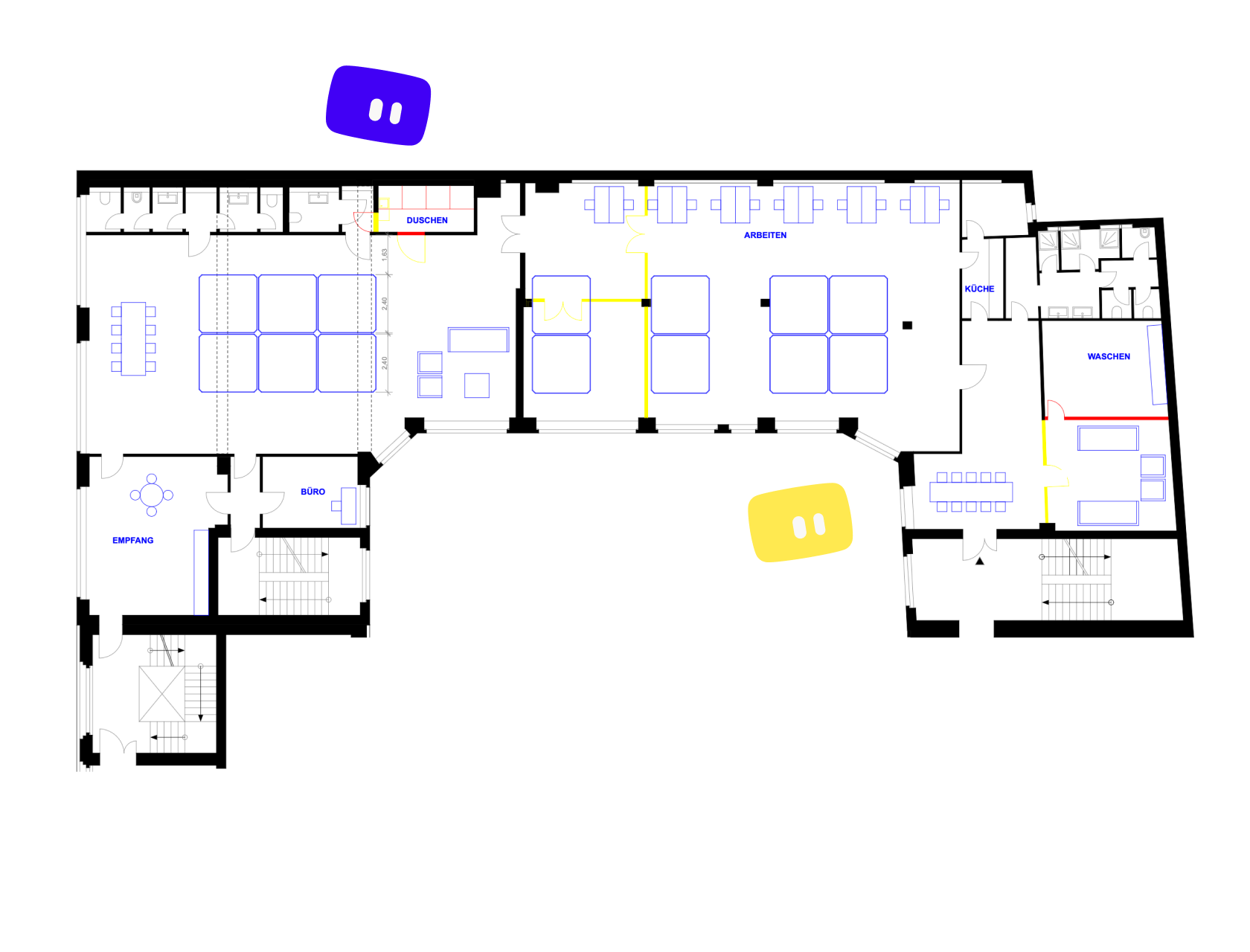 Grundriss einer Fläche mit eingezeichneten Units, Gemeinschaftsküche, Duschen und Arbeitsbereich.