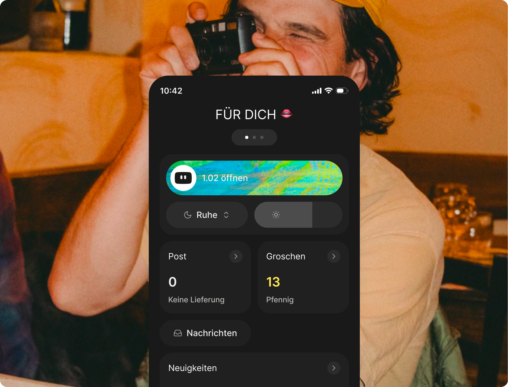 Communits App. Startbildschirm „Für Dich“ mit Unit-Steuerung und Groschen-Guthaben.