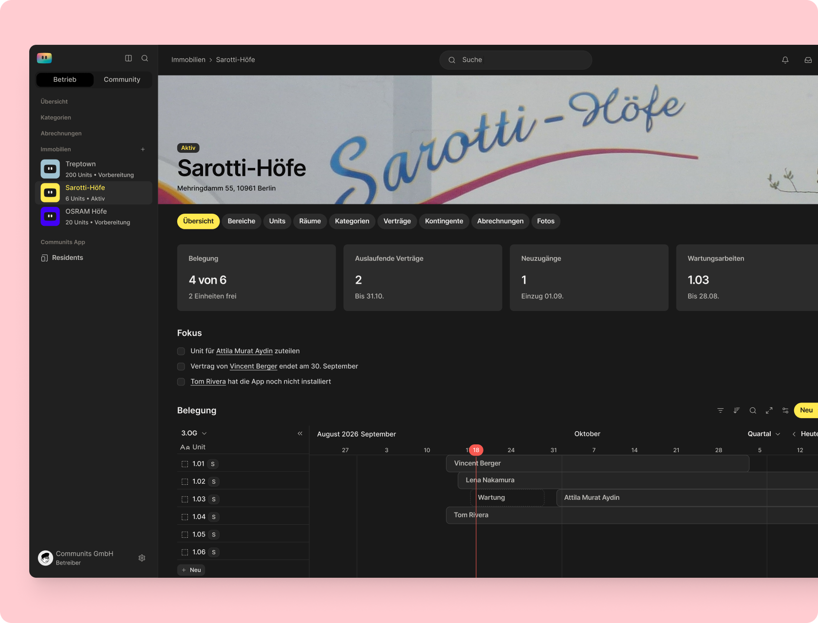 Communits Betreiber-Software. Übersicht der Sarotti-Höfe mit Belegung, auslaufenden Verträgen und Belegungskalender.